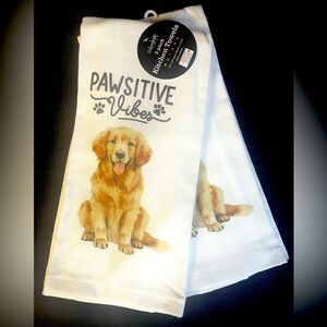 PAWSITIVE VIBES Golden Retriever Dog Puppy Kitchen Towels 2 ct White Brown NWT